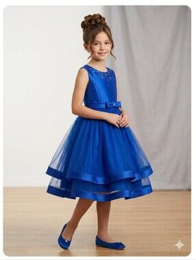 Girls Royal Blue Sleeveless Party Dress with Embellished Neckline Sz 130 (7-8)